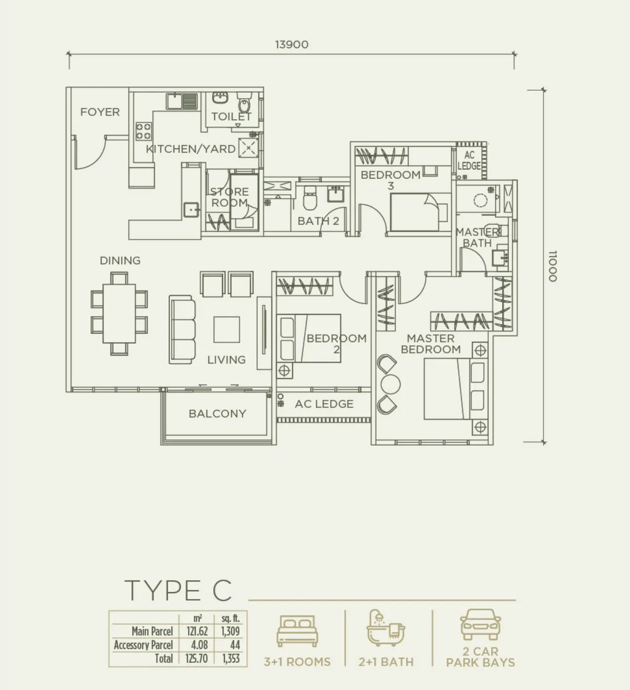 Linari Kwasa Damansara floor plan, Type C, 1,353 sq ft