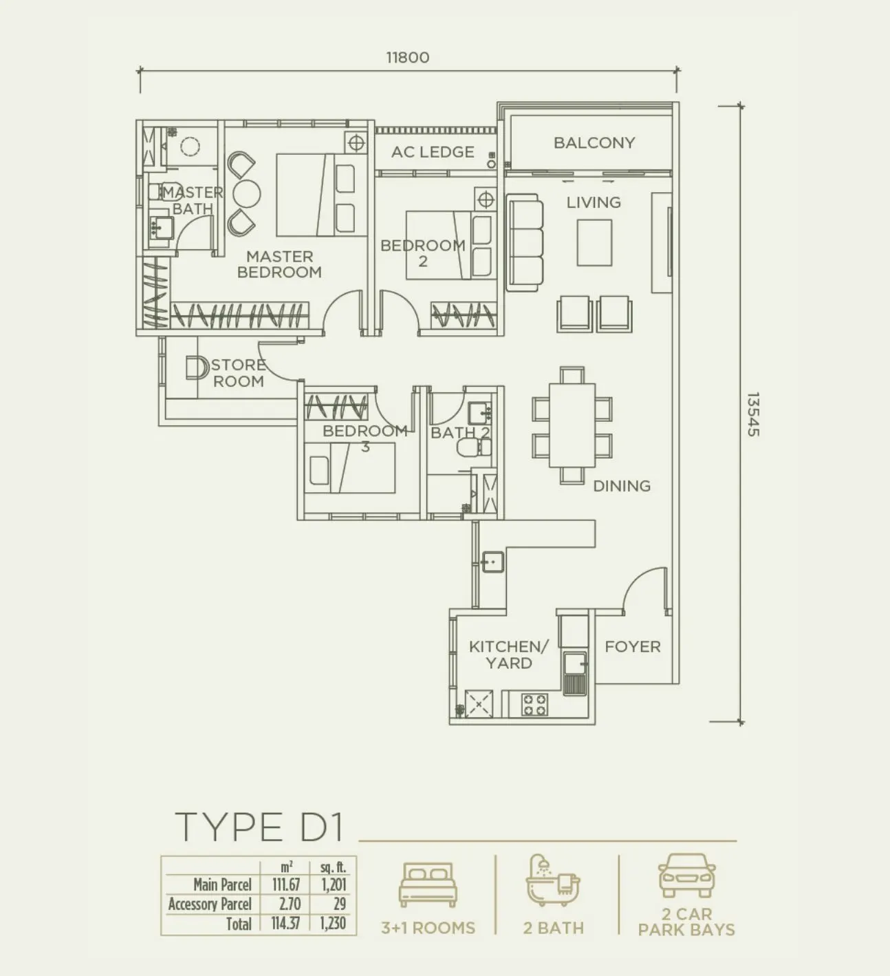 Linari Kwasa Damansara floor plan, Type D1, 1,230 sq ft