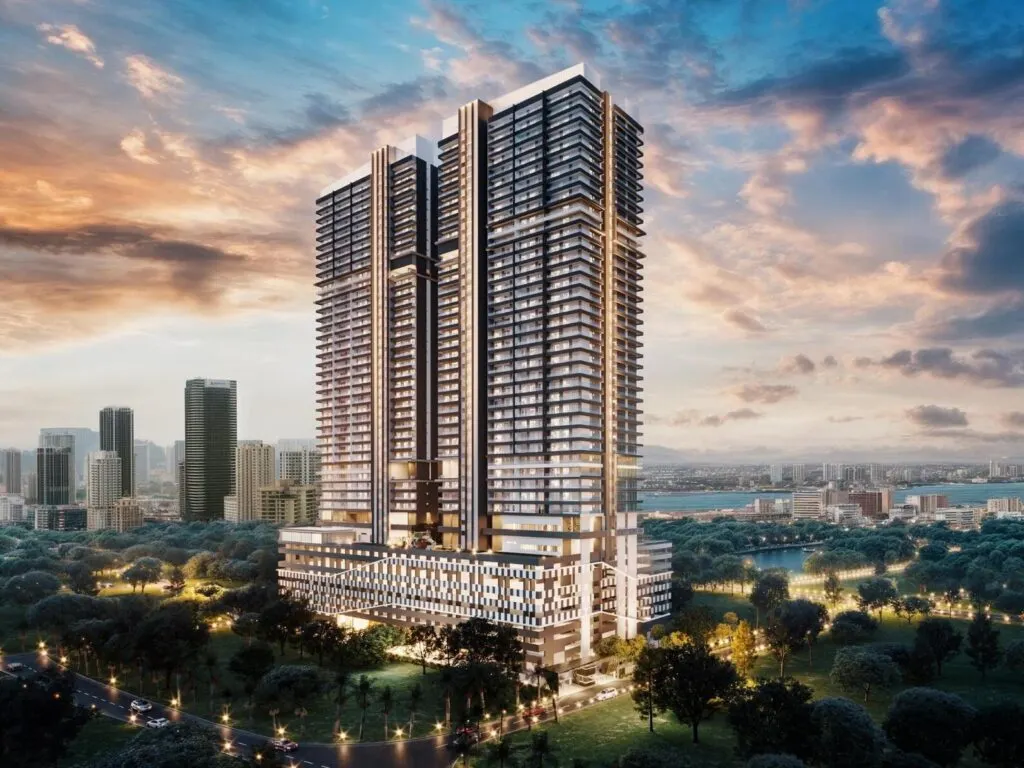 Lumina Residence towers at dusk with the Georgetown skyline, artist's impression