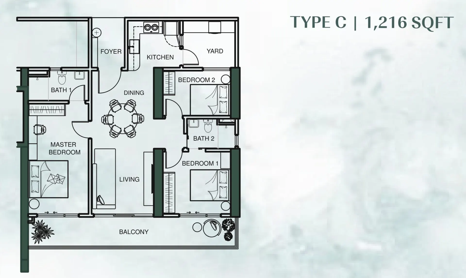 Lumina Residence floor plan, Type C, 1,216 sq ft