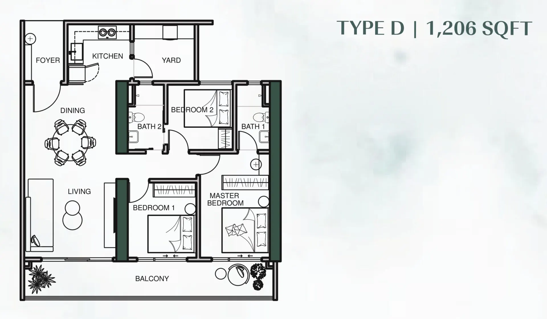 Lumina Residence floor plan, Type D, 1,206 sq ft