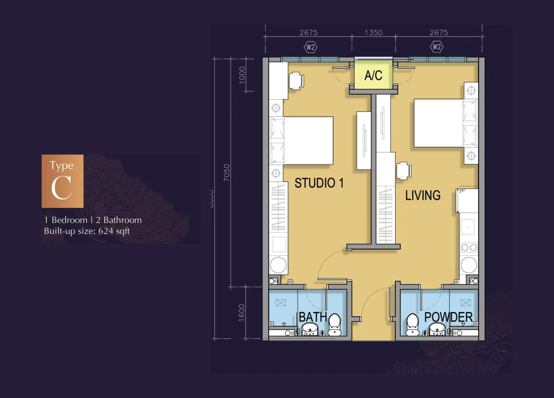M Grand Minori floor plan, Type C (Dual Key), 624 sq ft