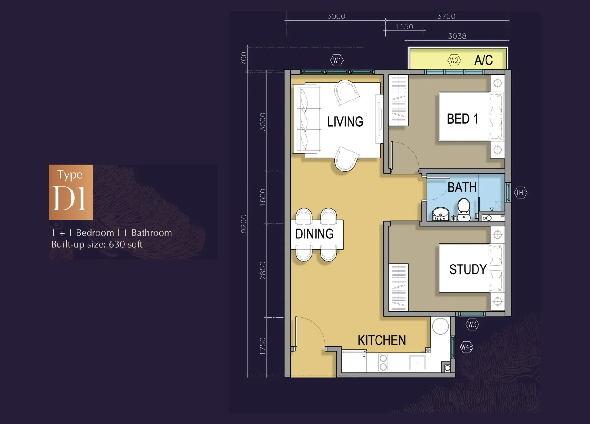M Grand Minori floor plan, Type D1 (Corner), 630 sq ft