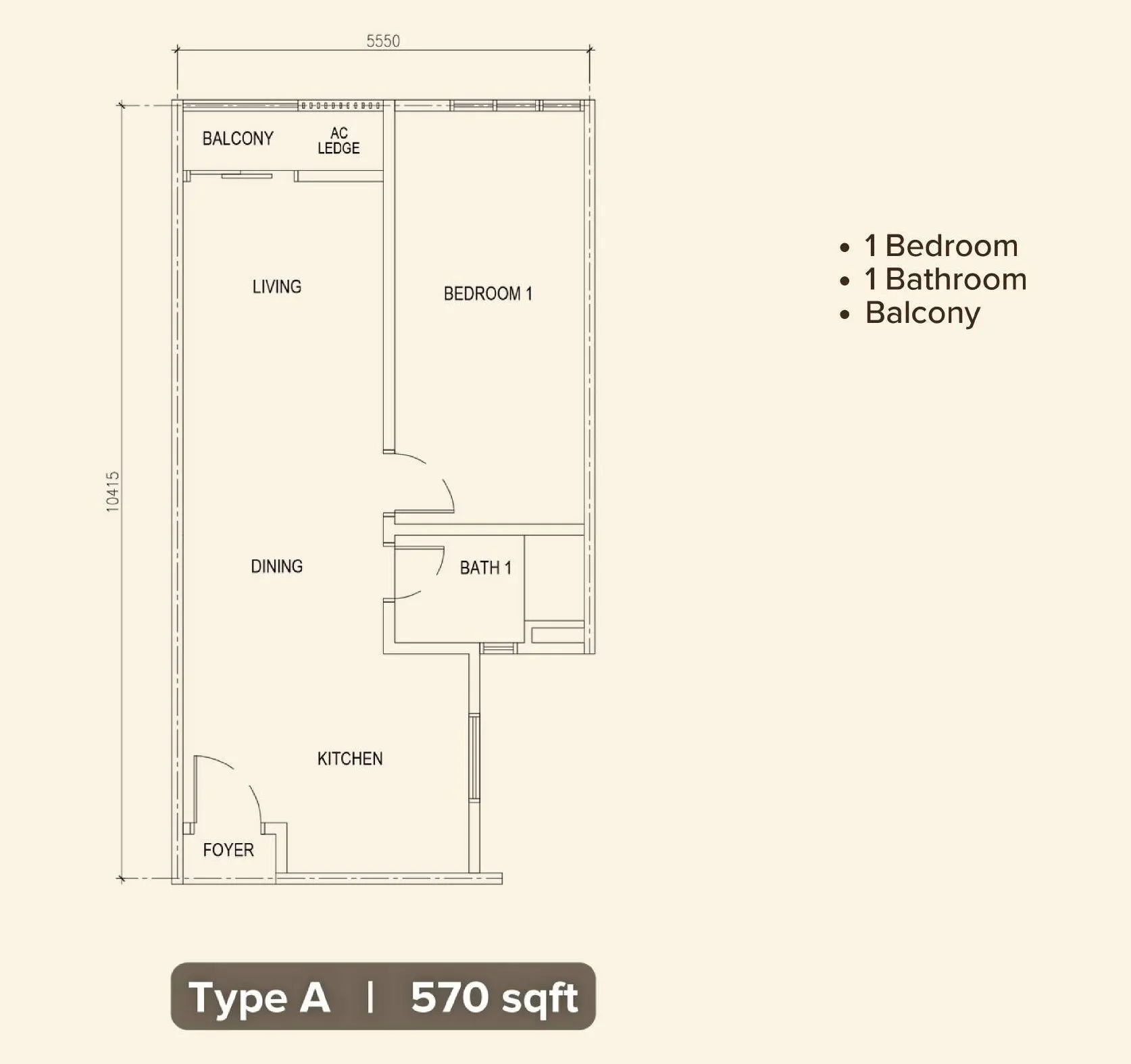 M Minori floor plan, Type A, 570 sq ft