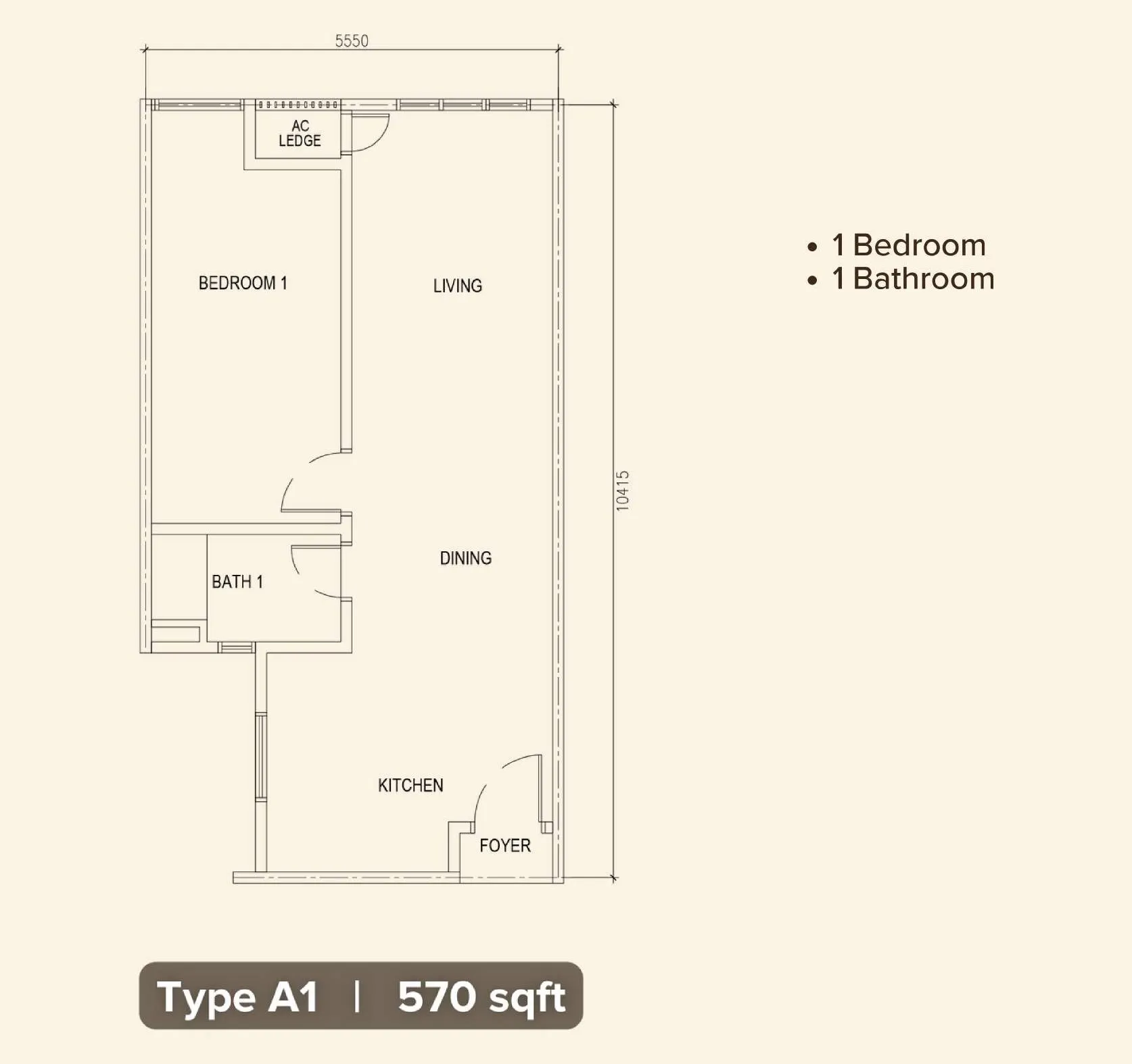 M Minori floor plan, Type A1, 570 sq ft