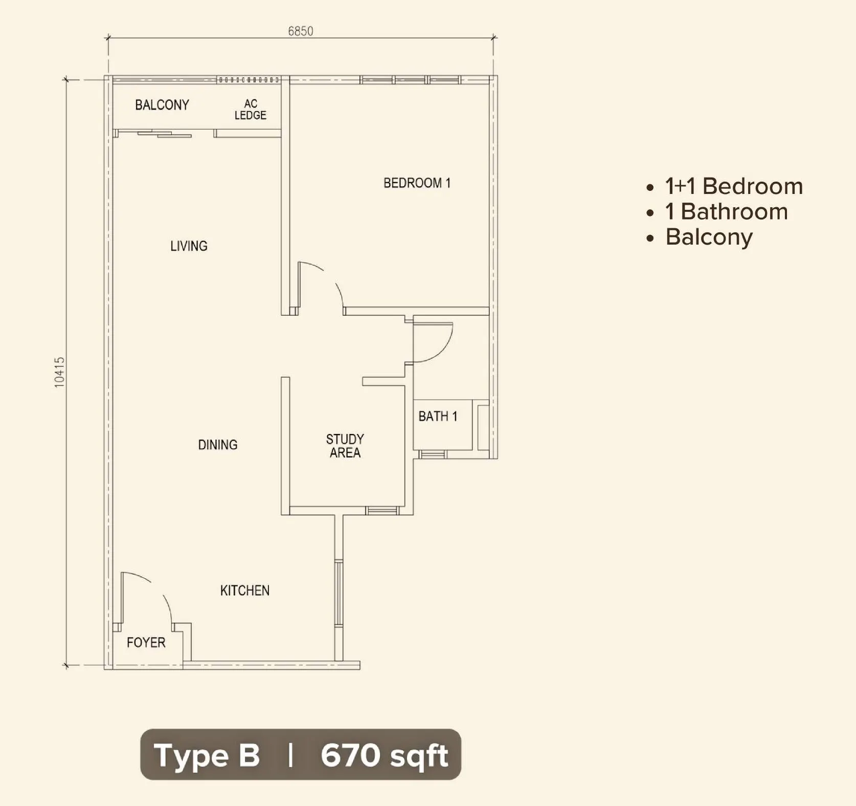 M Minori floor plan, Type B, 670 sq ft