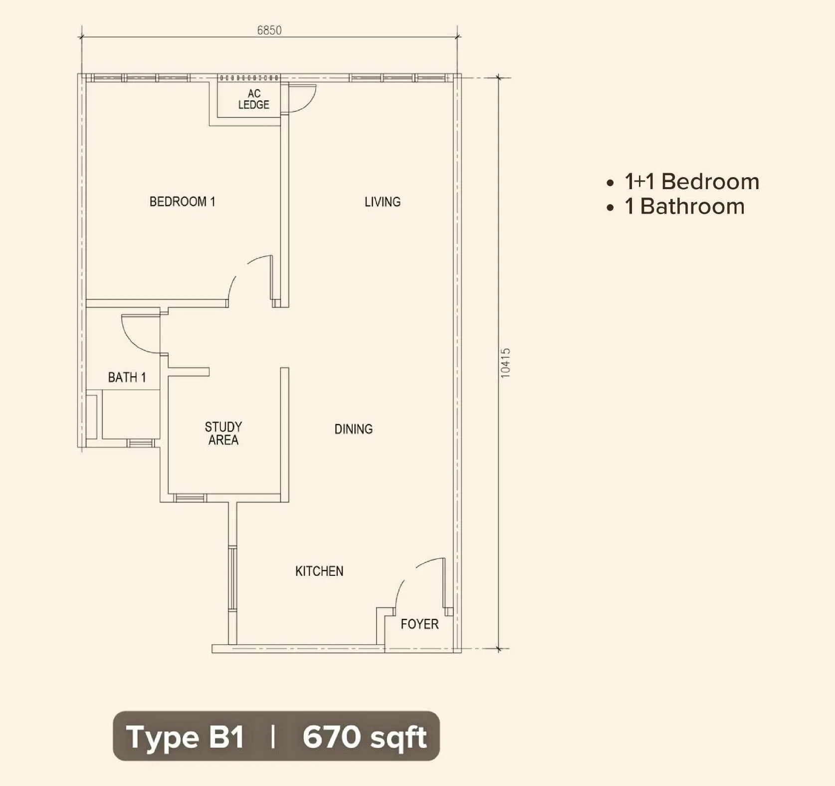 M Minori floor plan, Type B1, 670 sq ft