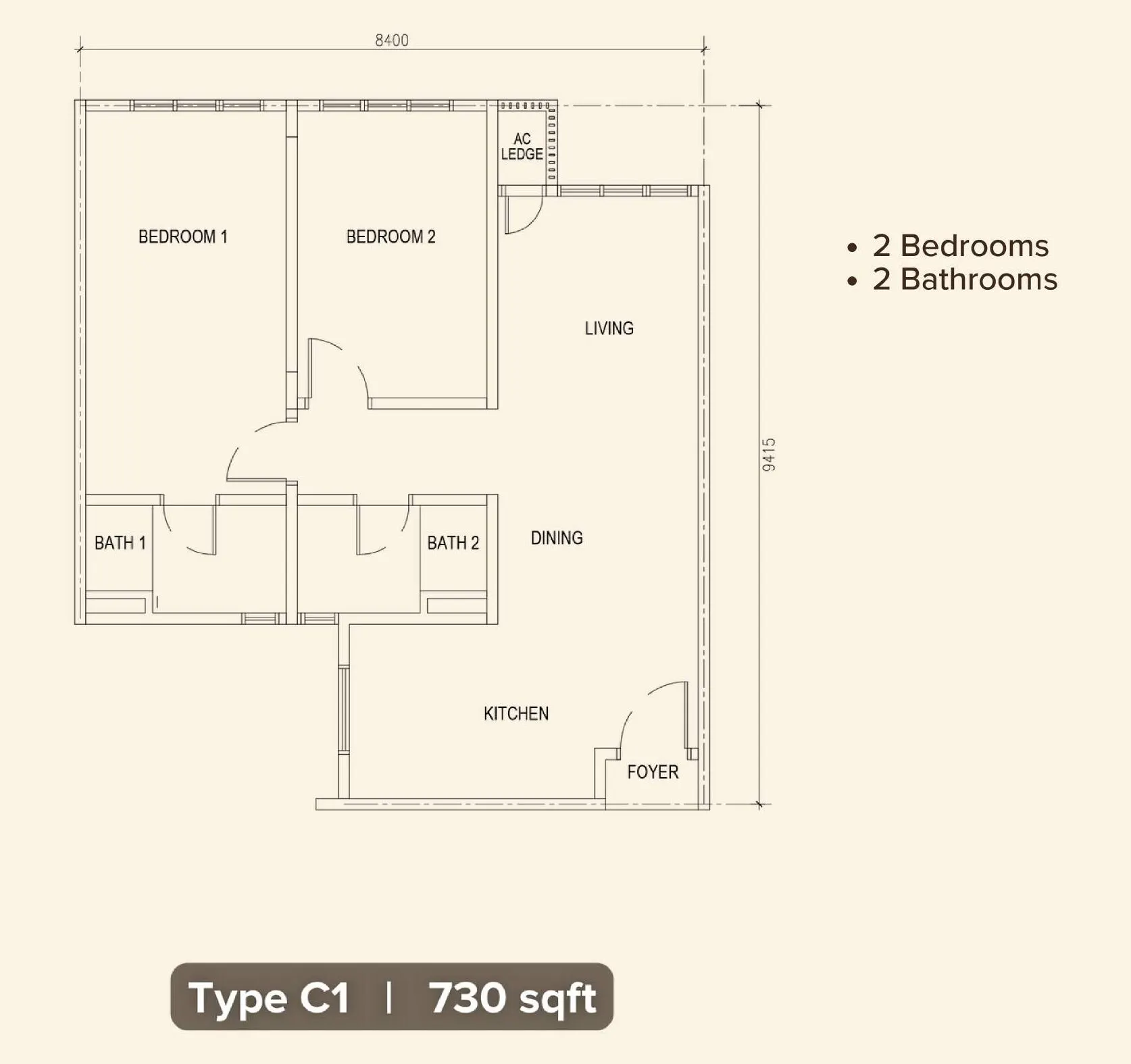 M Minori floor plan, Type C1, 730 sq ft