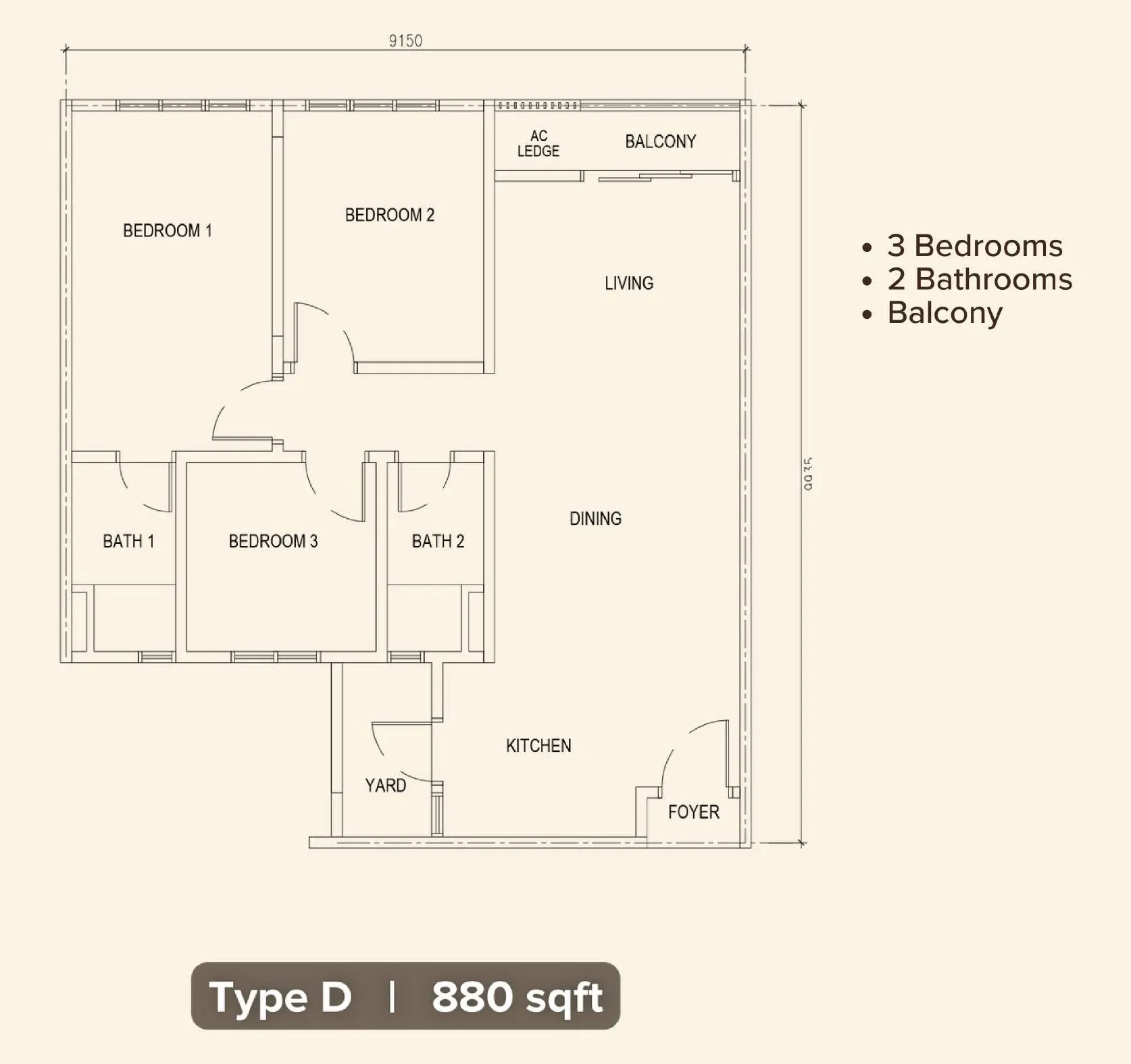 M Minori floor plan, Type D / D1, 880 sq ft