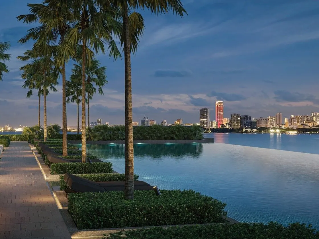 Maris pool edge facing the city lights at night, artist's impression
