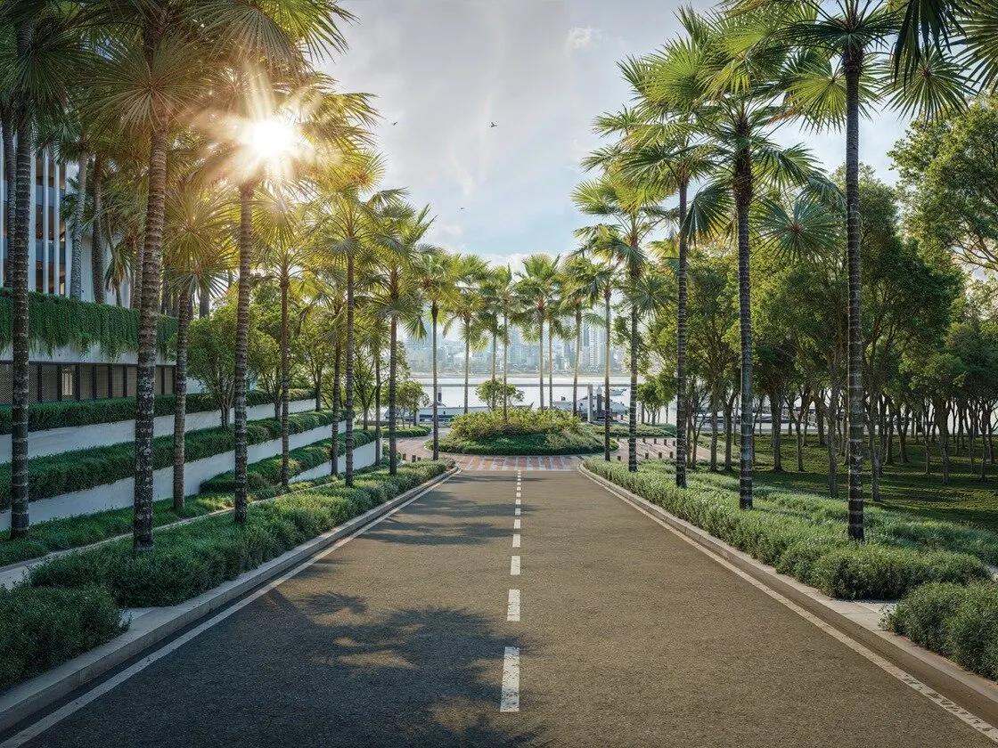 Palm-lined road leading to Maris, artist's impression