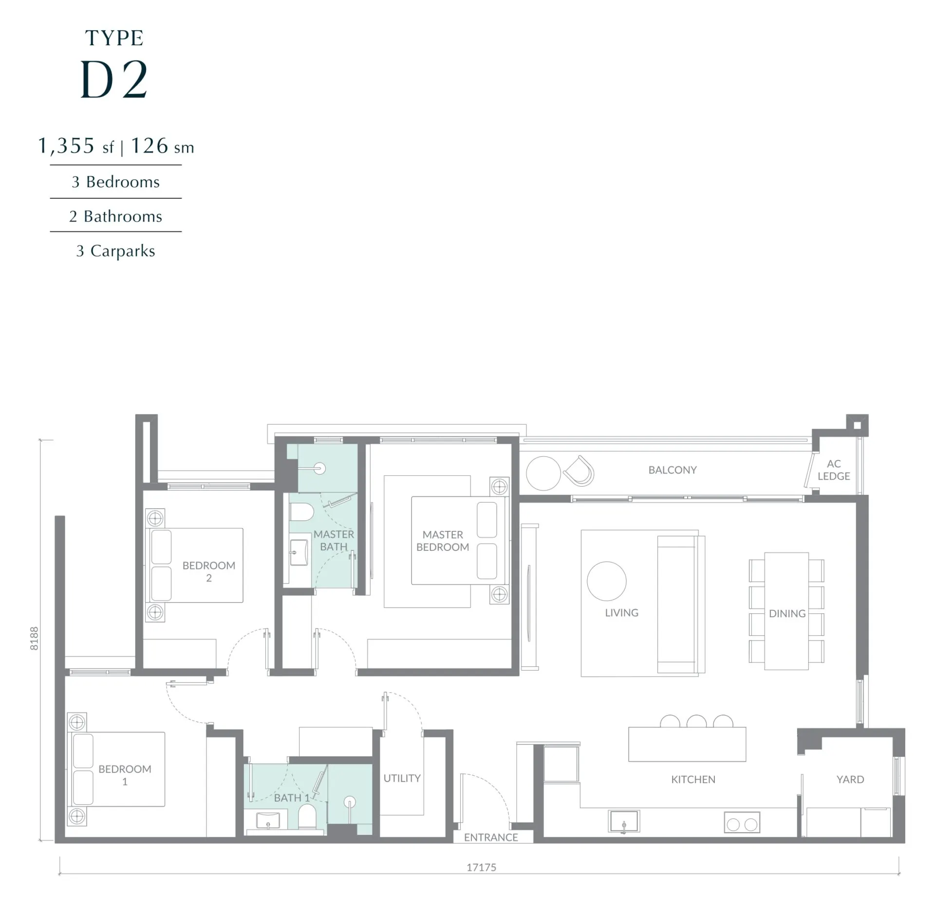 Maris floor plan, Type D2, 1,355 sq ft
