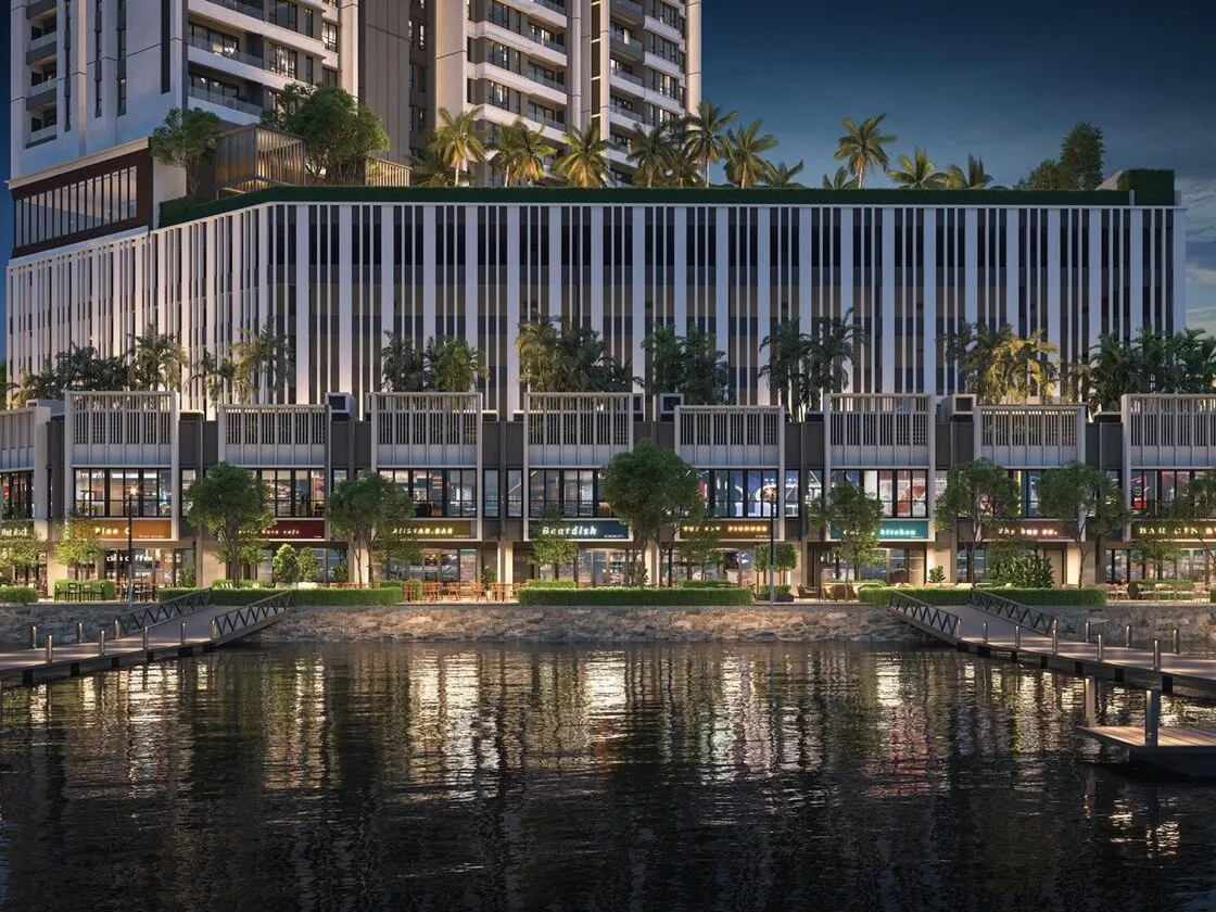 Waterfront retail row below Maris at night, artist's impression