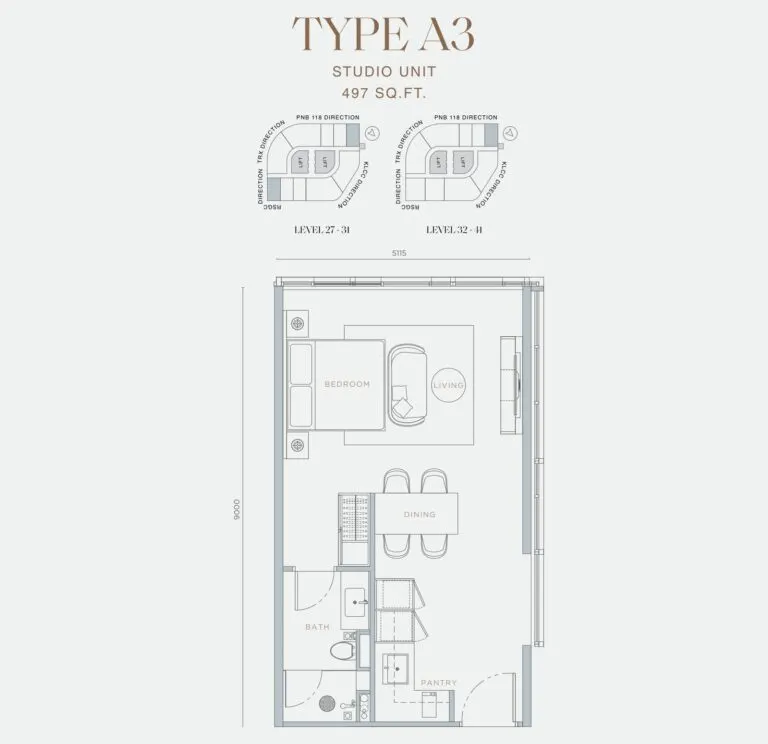 Orion Residence floor plan, A3, 497 sq ft