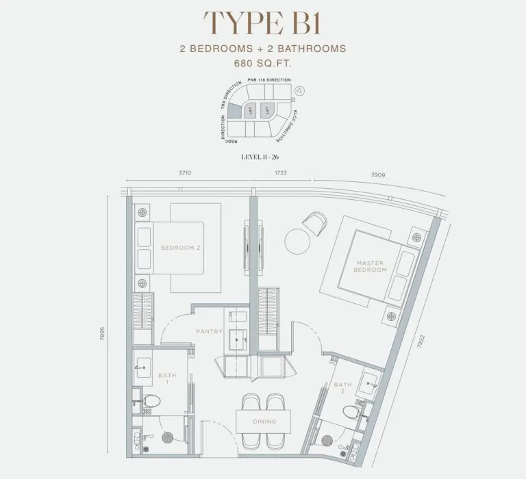 Orion Residence floor plan, B1, 680 sq ft