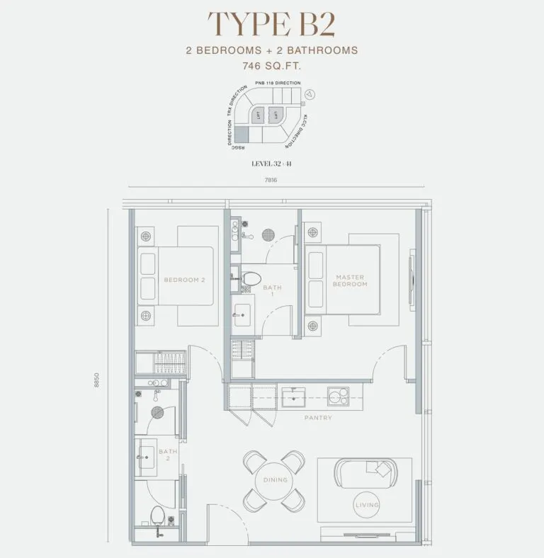 Orion Residence floor plan, B2, 746 sq ft