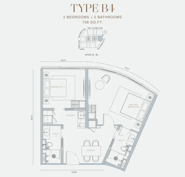 Orion Residence floor plan, B4, 708 sq ft