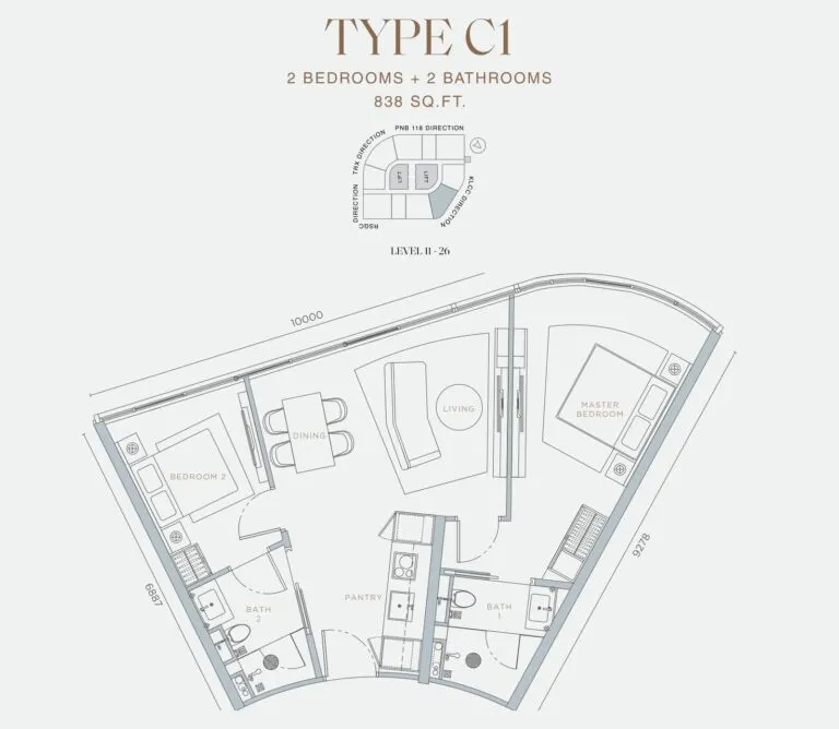 Orion Residence floor plan, C1, 838 sq ft