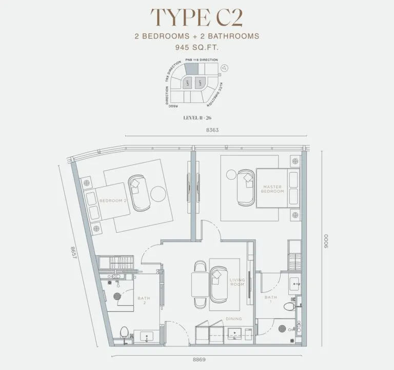 Orion Residence floor plan, C2, 945 sq ft