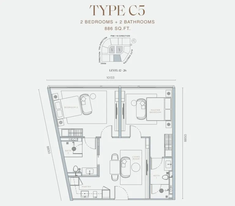 Orion Residence floor plan, C5, 886 sq ft