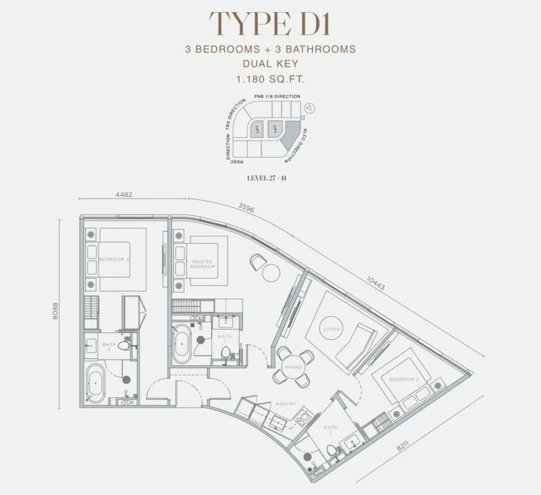 Orion Residence floor plan, D1, 1,180 sq ft
