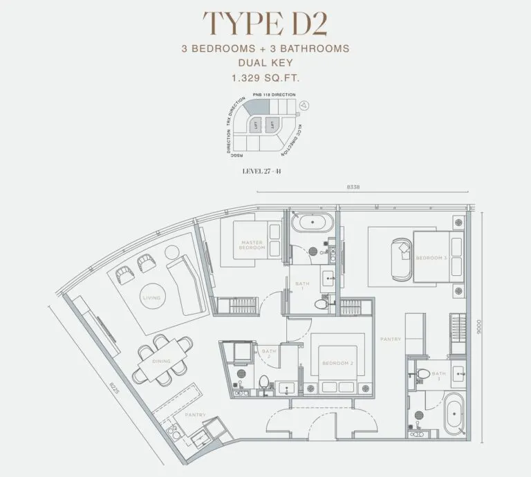Orion Residence floor plan, D2, 1,329 sq ft