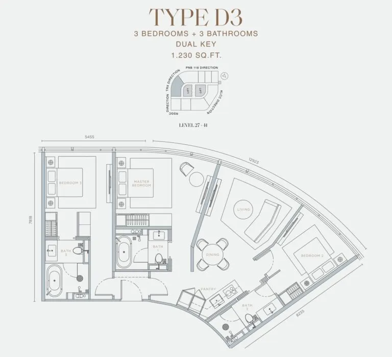 Orion Residence floor plan, D3, 1,230 sq ft