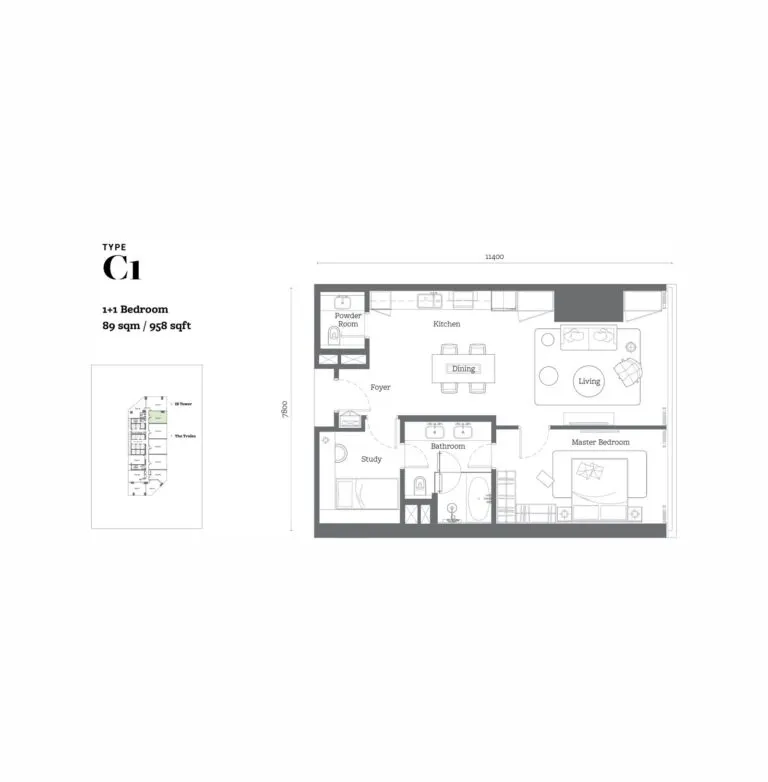 Jewel by Oxley KL City Centre floor plan, C1, 958 sq ft