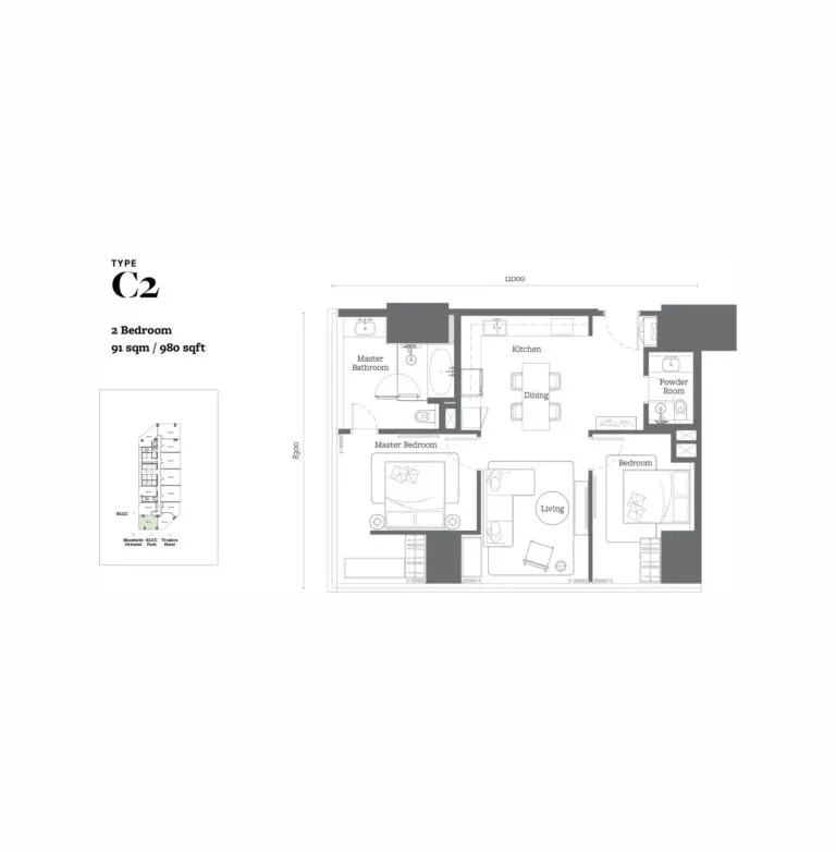 Jewel by Oxley KL City Centre floor plan, C2, 980 sq ft