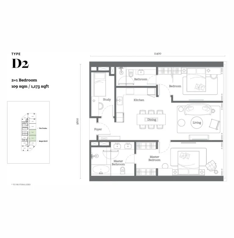 Jewel by Oxley KL City Centre floor plan, D2, 1,173 sq ft