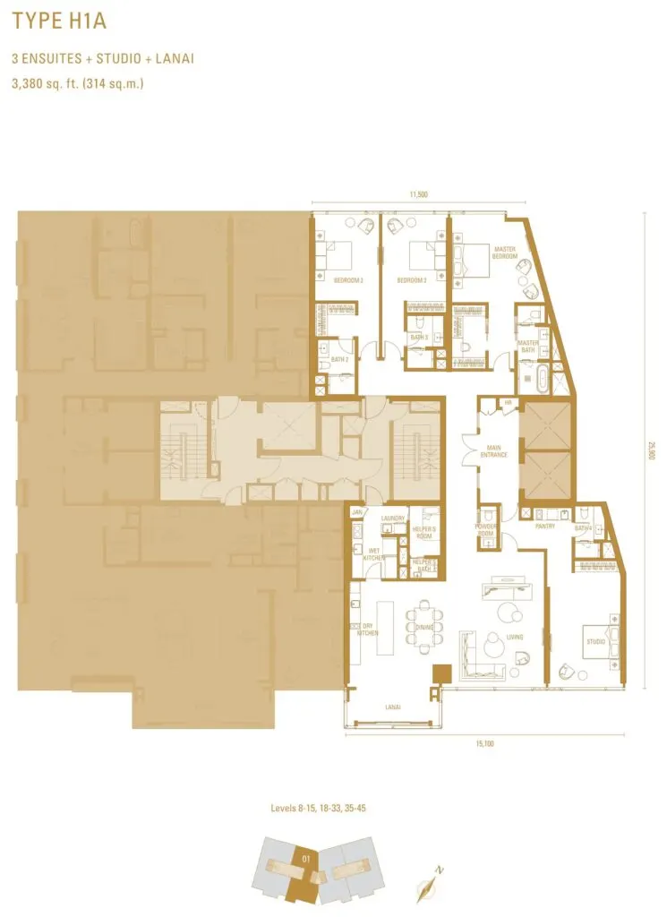 Pavilion Damansara Heights - Imperial Residence (RA) floor plan, H1A, 3,380 sq ft