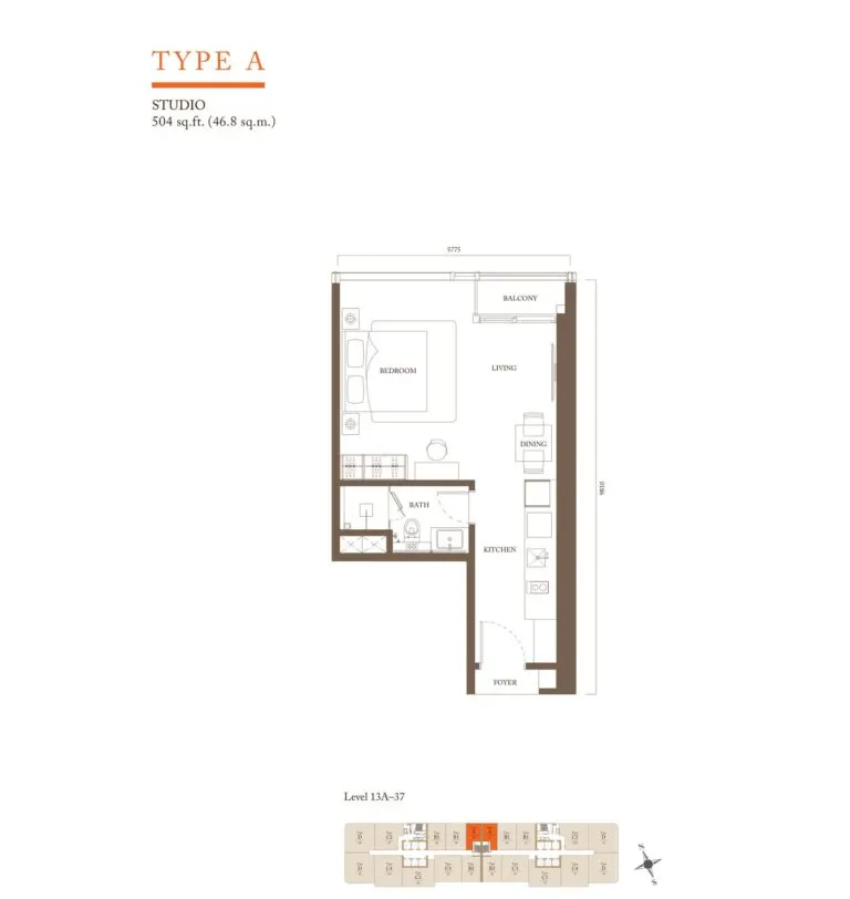 Pavilion Square Residence floor plan, A, 504 sq ft