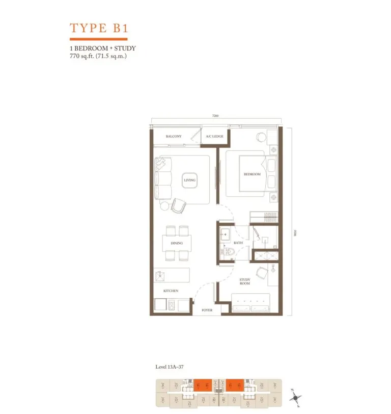 Pavilion Square Residence floor plan, B1, 770 sq ft