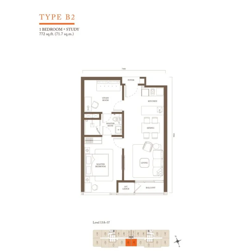 Pavilion Square Residence floor plan, B2, 772 sq ft