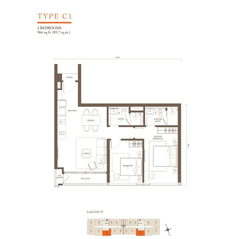 Pavilion Square Residence floor plan, C1, 966 sq ft