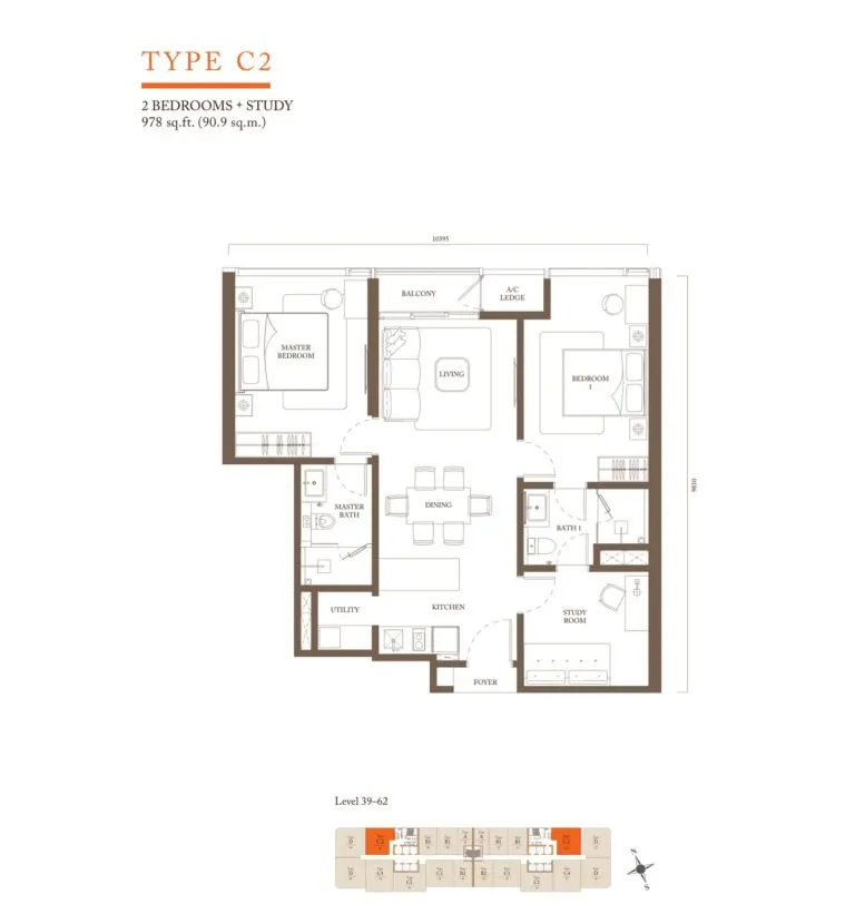 Pavilion Square Residence floor plan, C2, 978 sq ft