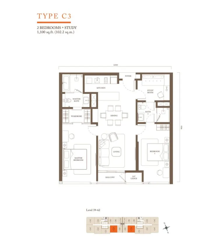 Pavilion Square Residence floor plan, C3, 1,100 sq ft