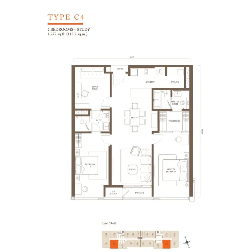 Pavilion Square Residence floor plan, C4, 1,272 sq ft
