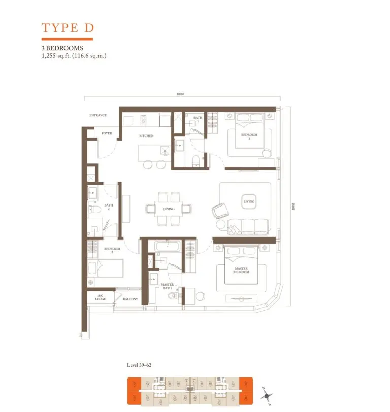 Pavilion Square Residence floor plan, D, 1,255 sq ft