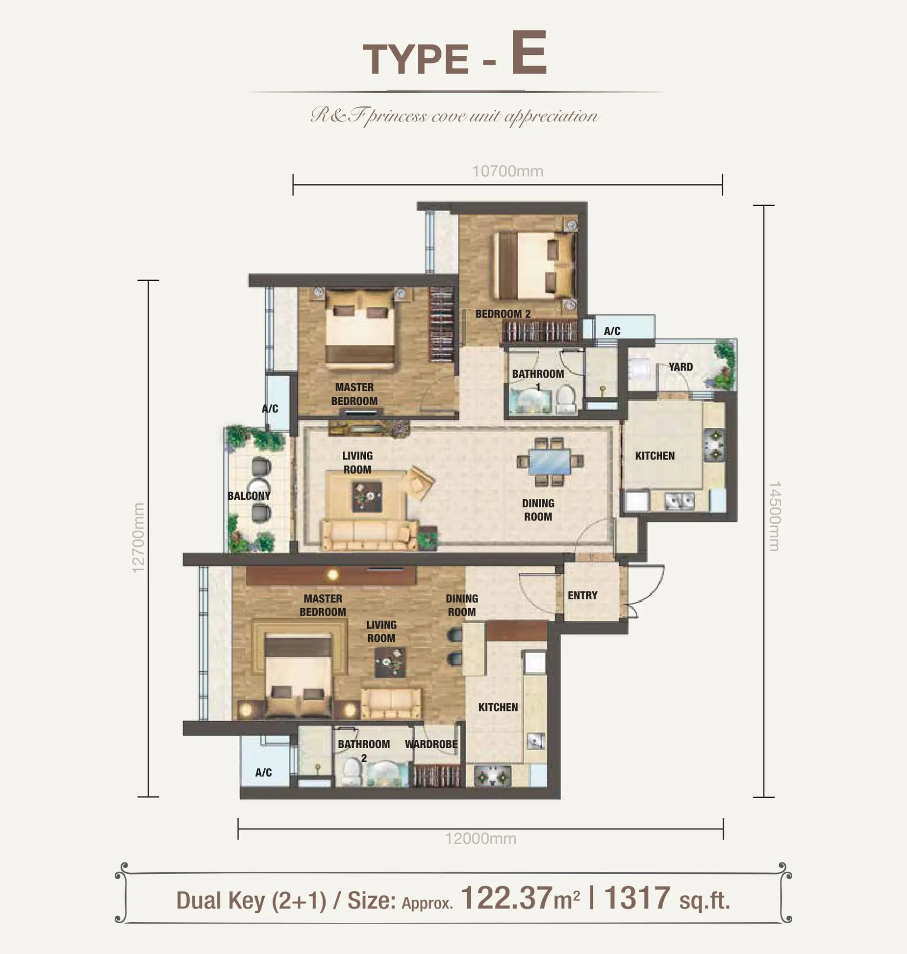 R&F Princess Cove Phase 2 floor plan, Type E (Dual Key), 1,317 sq ft