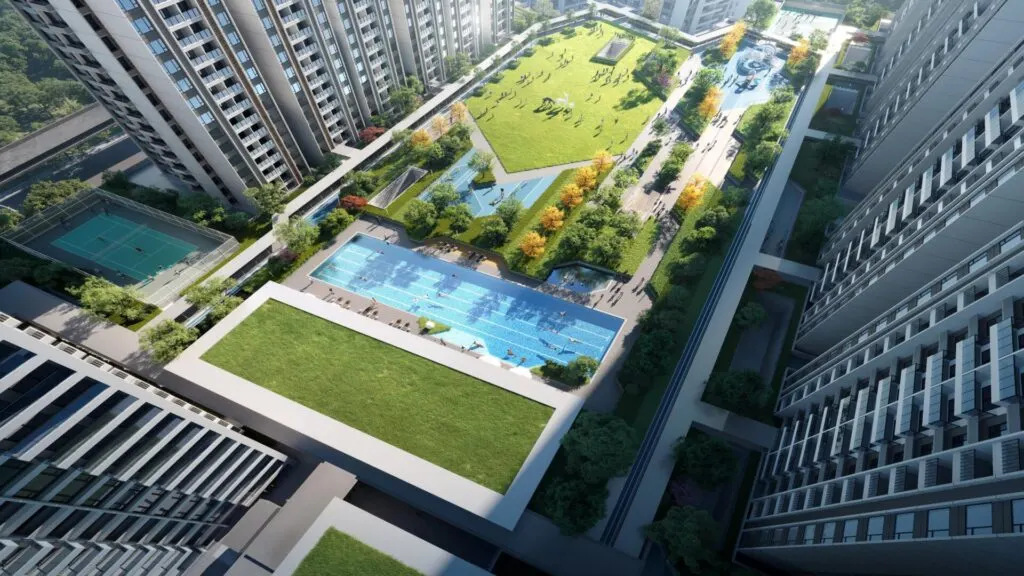R&F Princess Cove Phase 3 sky park and pools from above, artist's impression