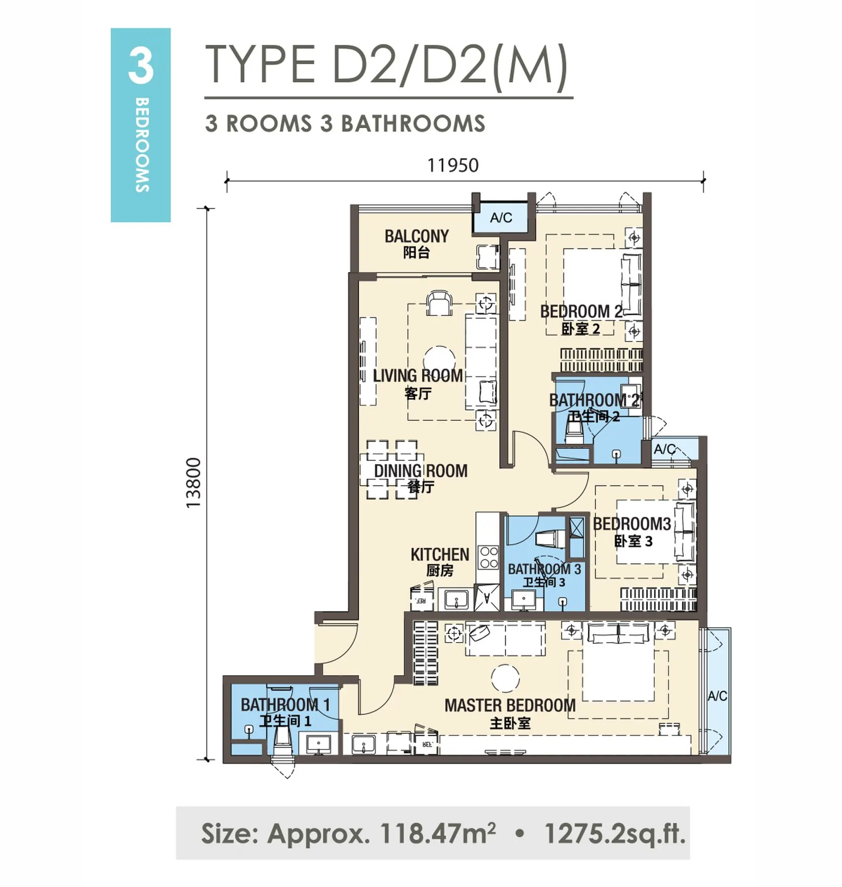 R&F Princess Cove Phase 3 floor plan, Type D2 / D2(M), 1,275 sq ft