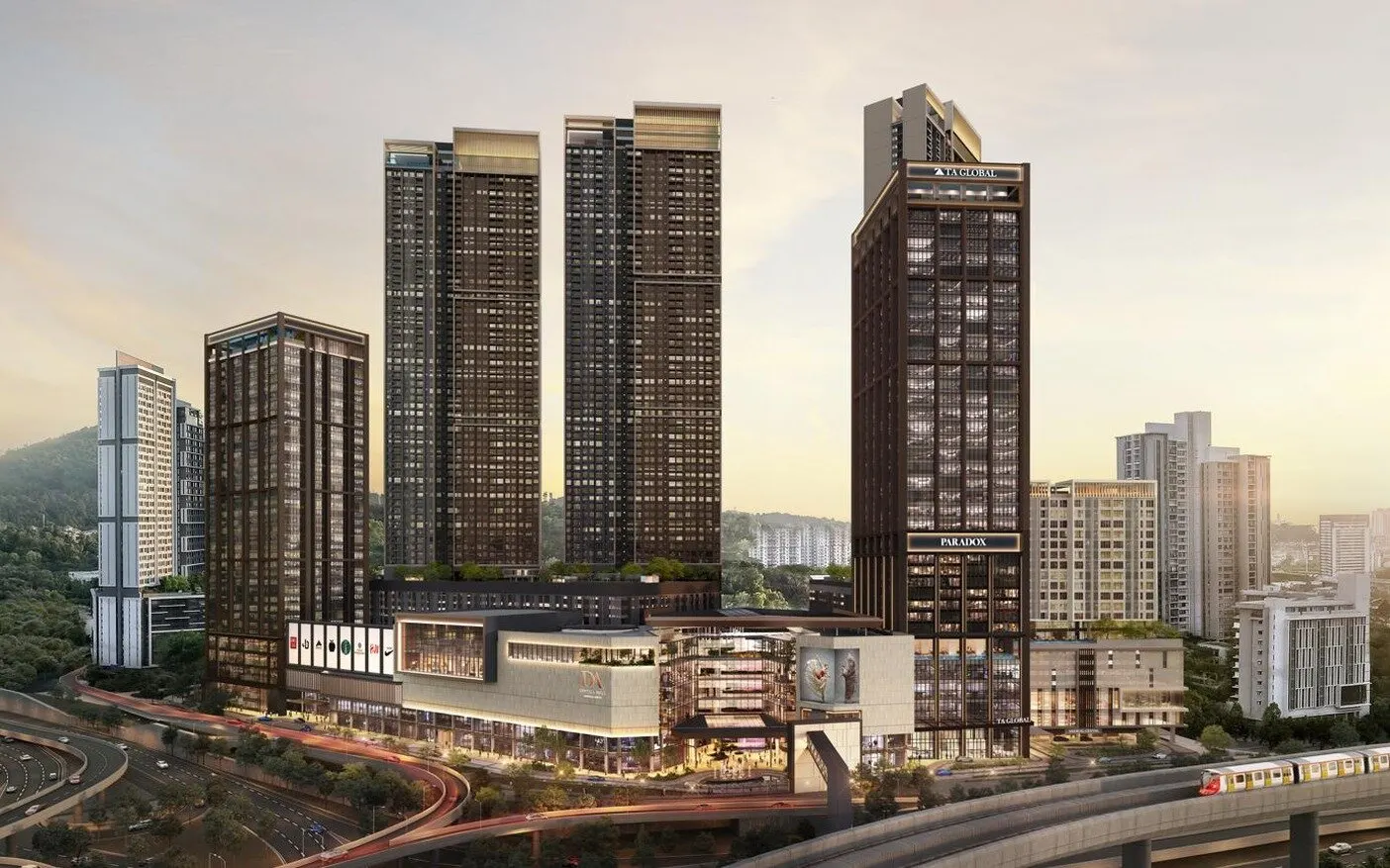 The Arden beside DA Central Mall, the Ativo towers and the MRT line, artist's impression