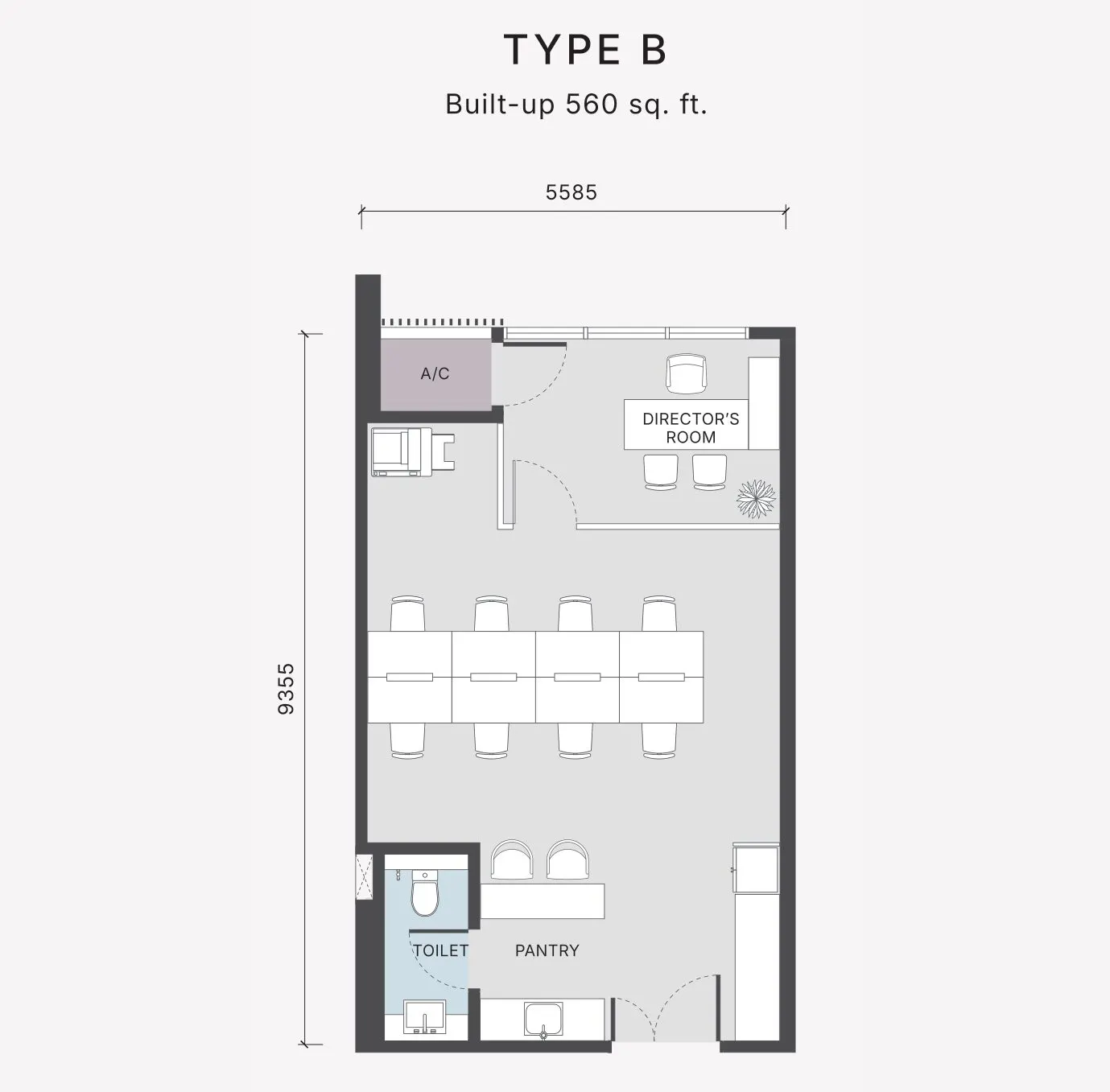 The Arden floor plan, Type B, 560 sq ft