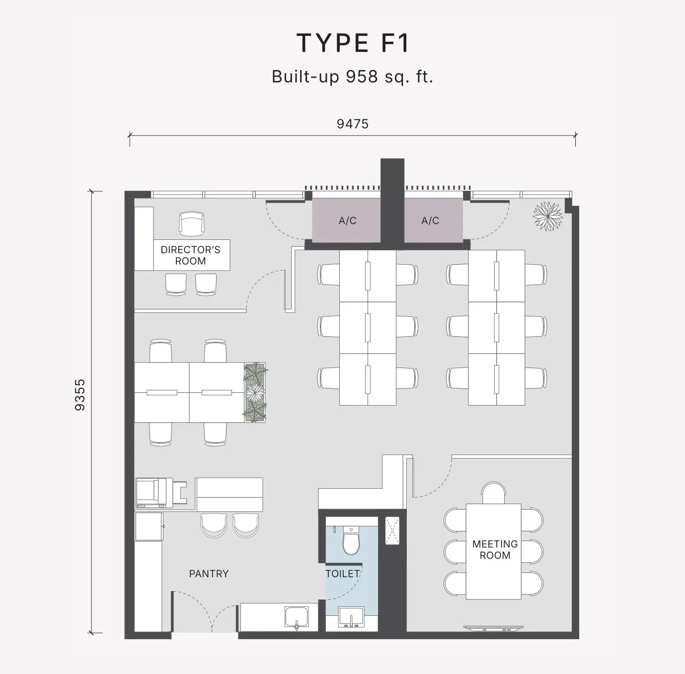 The Arden floor plan, Type F1, 958 sq ft