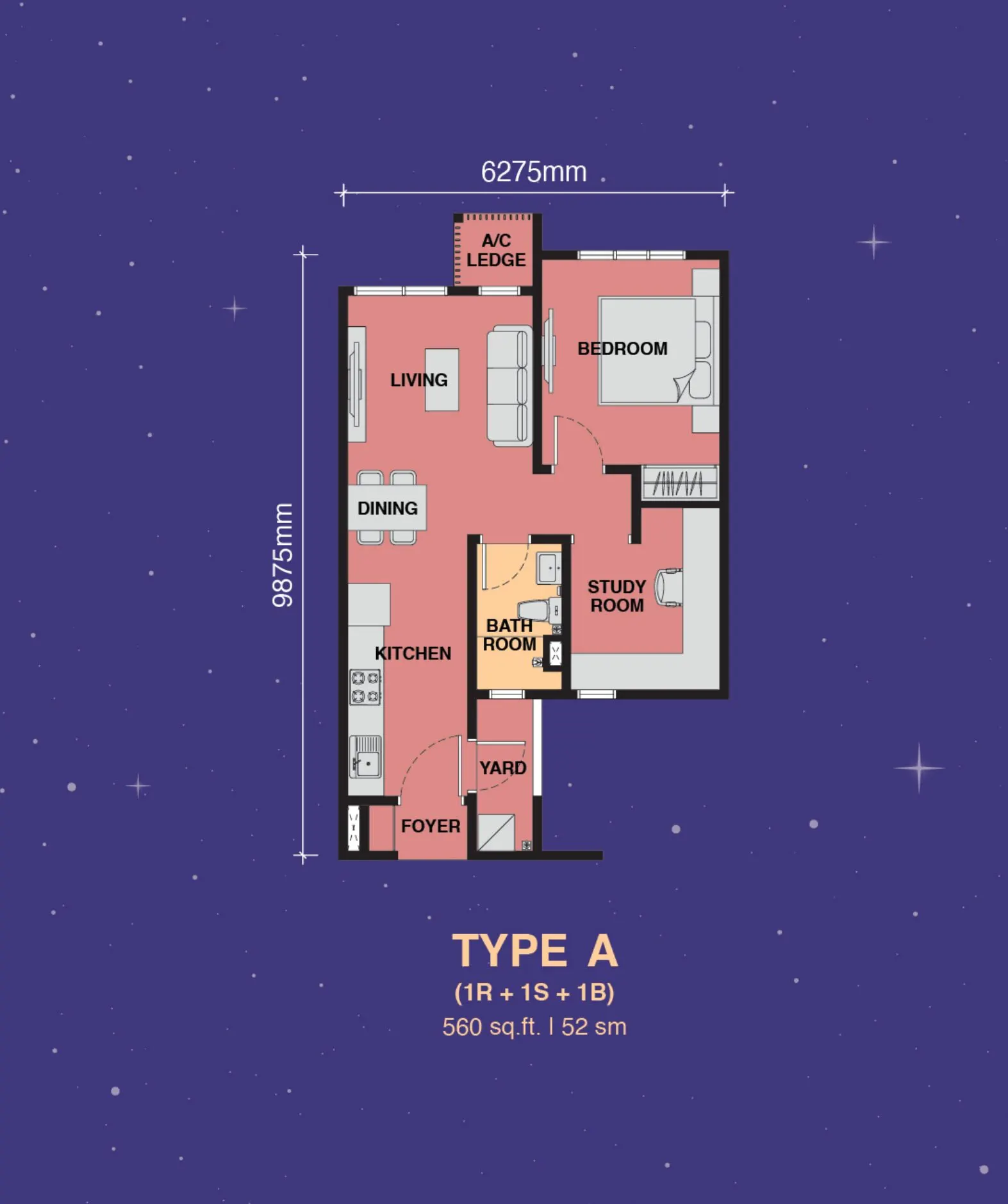 The Asteriaz floor plan, Type A, 560 sq ft