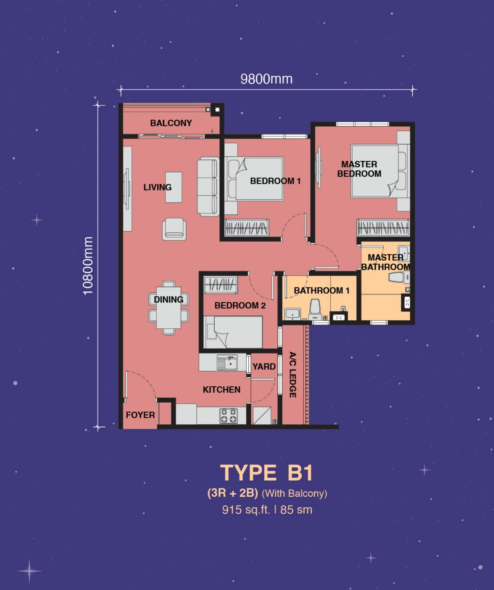 The Asteriaz floor plan, Type B1, 915 sq ft