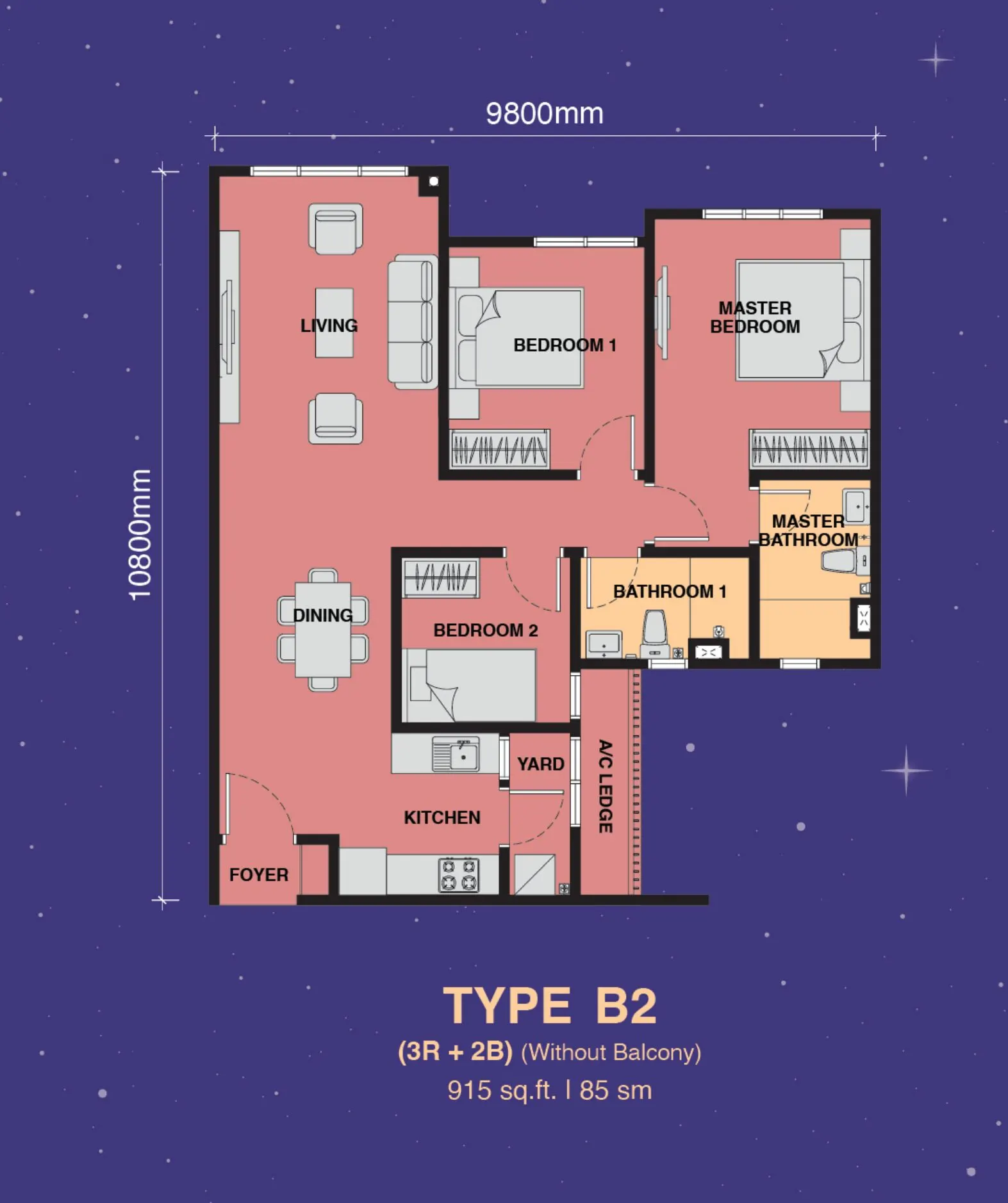 The Asteriaz floor plan, Type B2, 915 sq ft