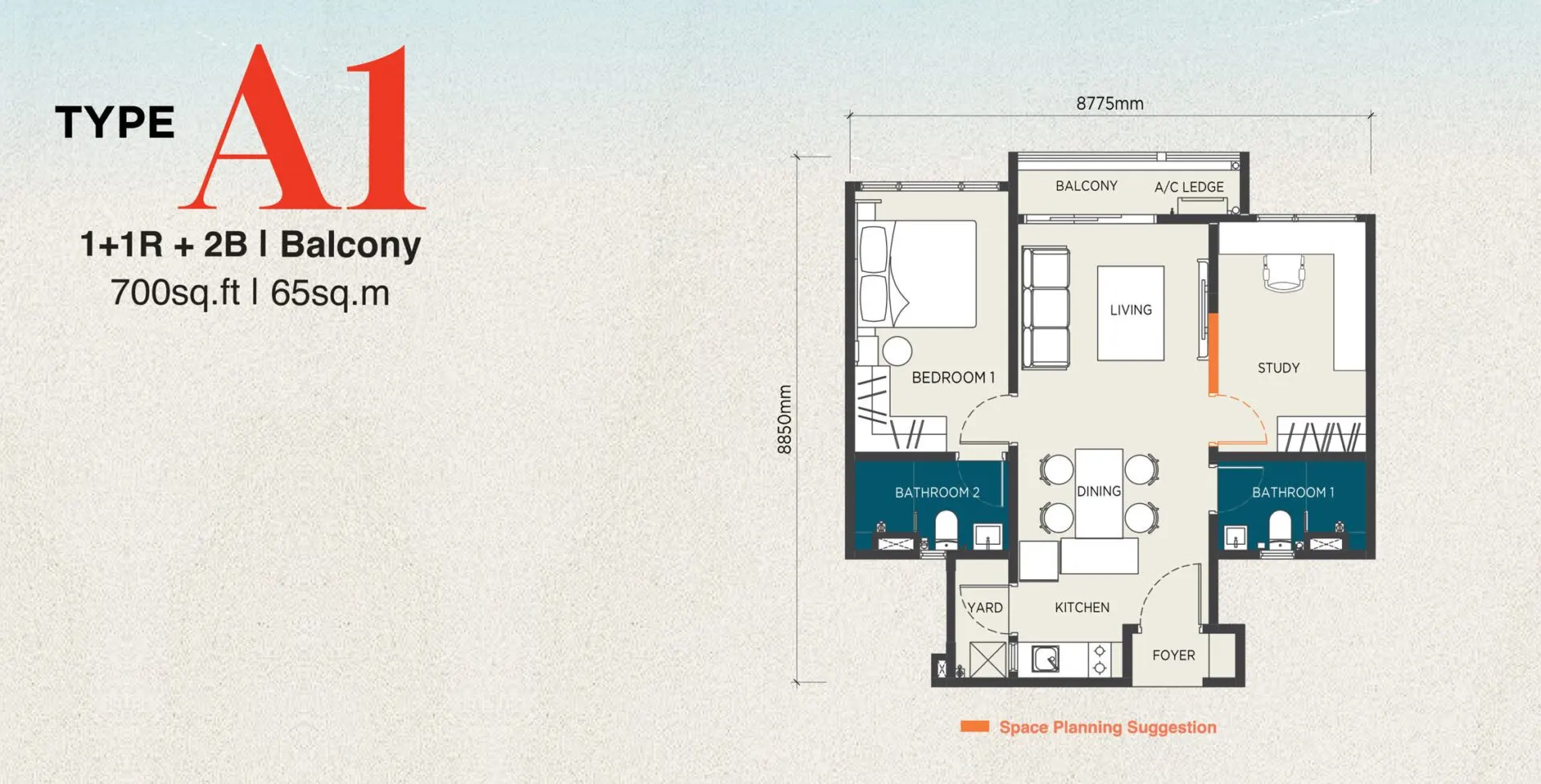 The Capehauz floor plan, Type A1 / A1(M), 700 sq ft