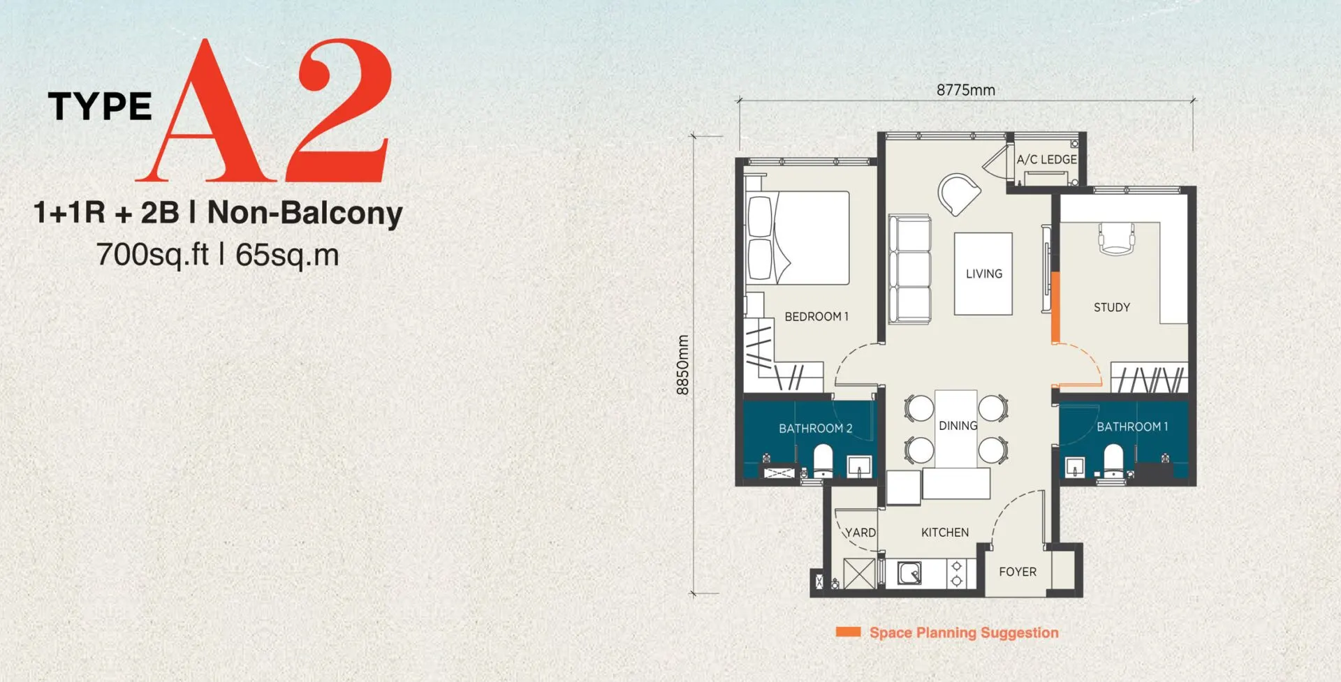 The Capehauz floor plan, Type A2 / A2(M), 700 sq ft